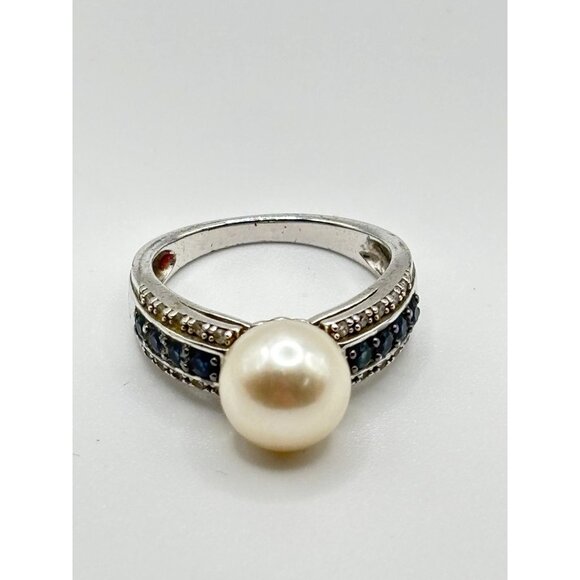 White Cultured Japanese Akoya Pearl & Blue Diamond Sterling Silver Ring - Picture 1 of 14